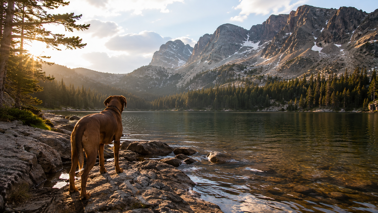 A dog standing at the edge of an alpine lake below snow-covered peaks in the Colorado high country