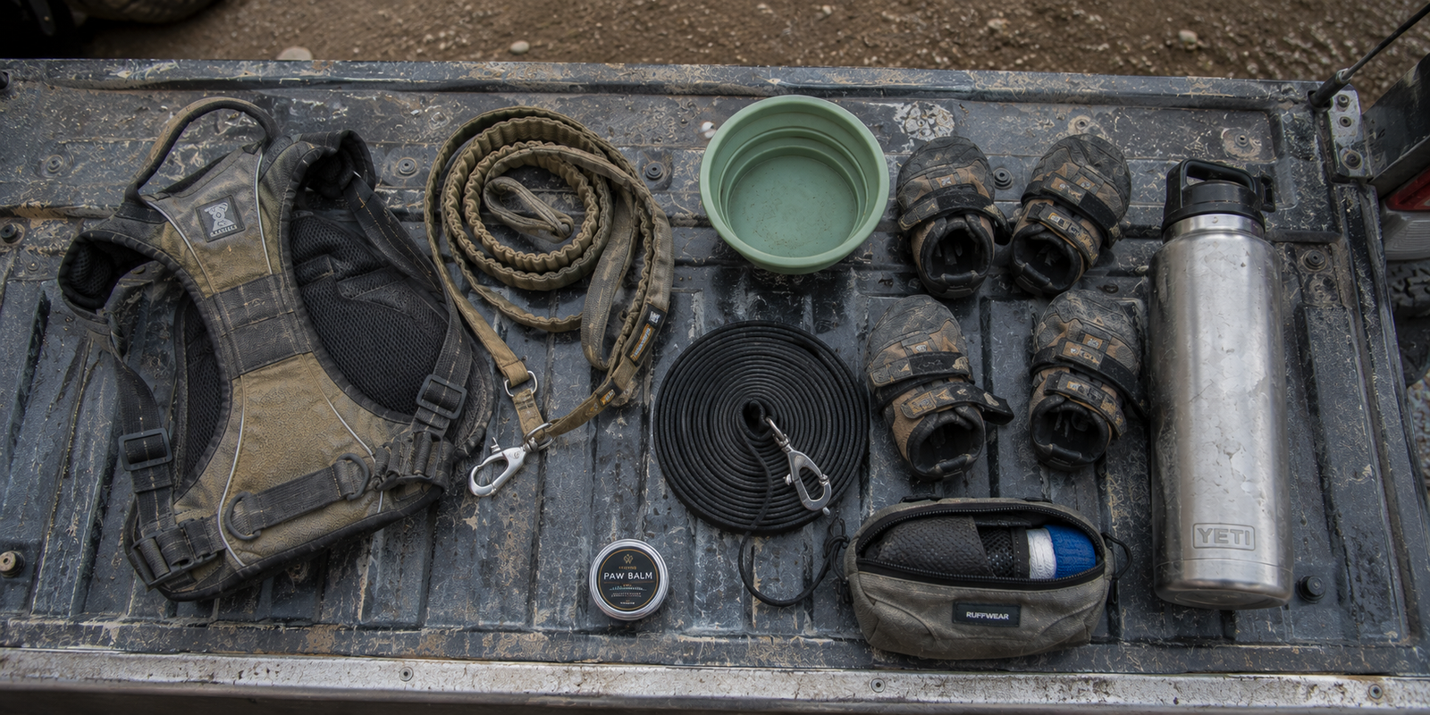 Dog hiking kit laid out on a tailgate: harness, leash, collapsible bowl, booties and a small first aid pouch
