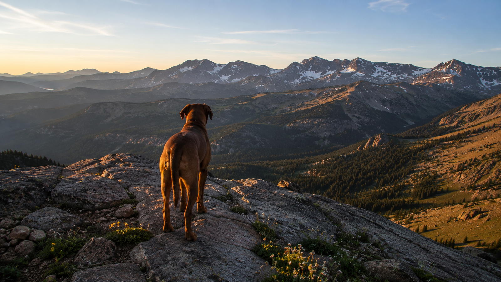 A dog standing on a granite outcrop looking out over layered Colorado ridgelines at sunrise