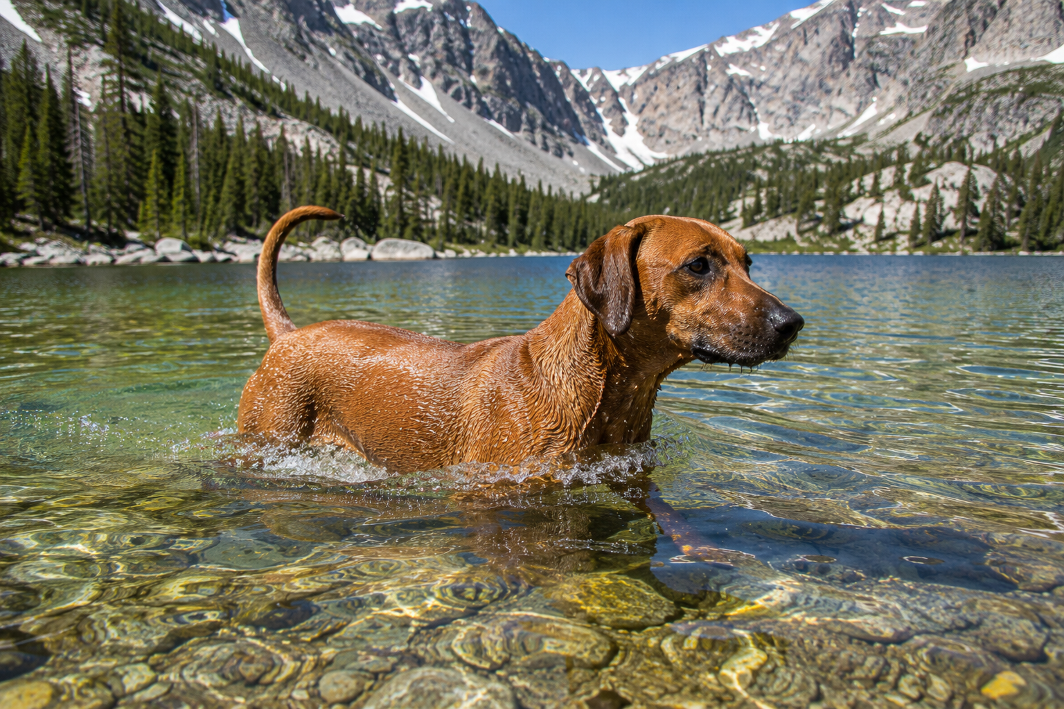 A dog wading chest-deep in the clear turquoise shallows of a Colorado alpine lake