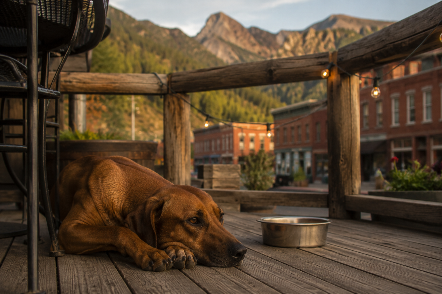 A dog resting on the wooden deck of a mountain-town patio beside a stainless steel water bowl in late afternoon light
