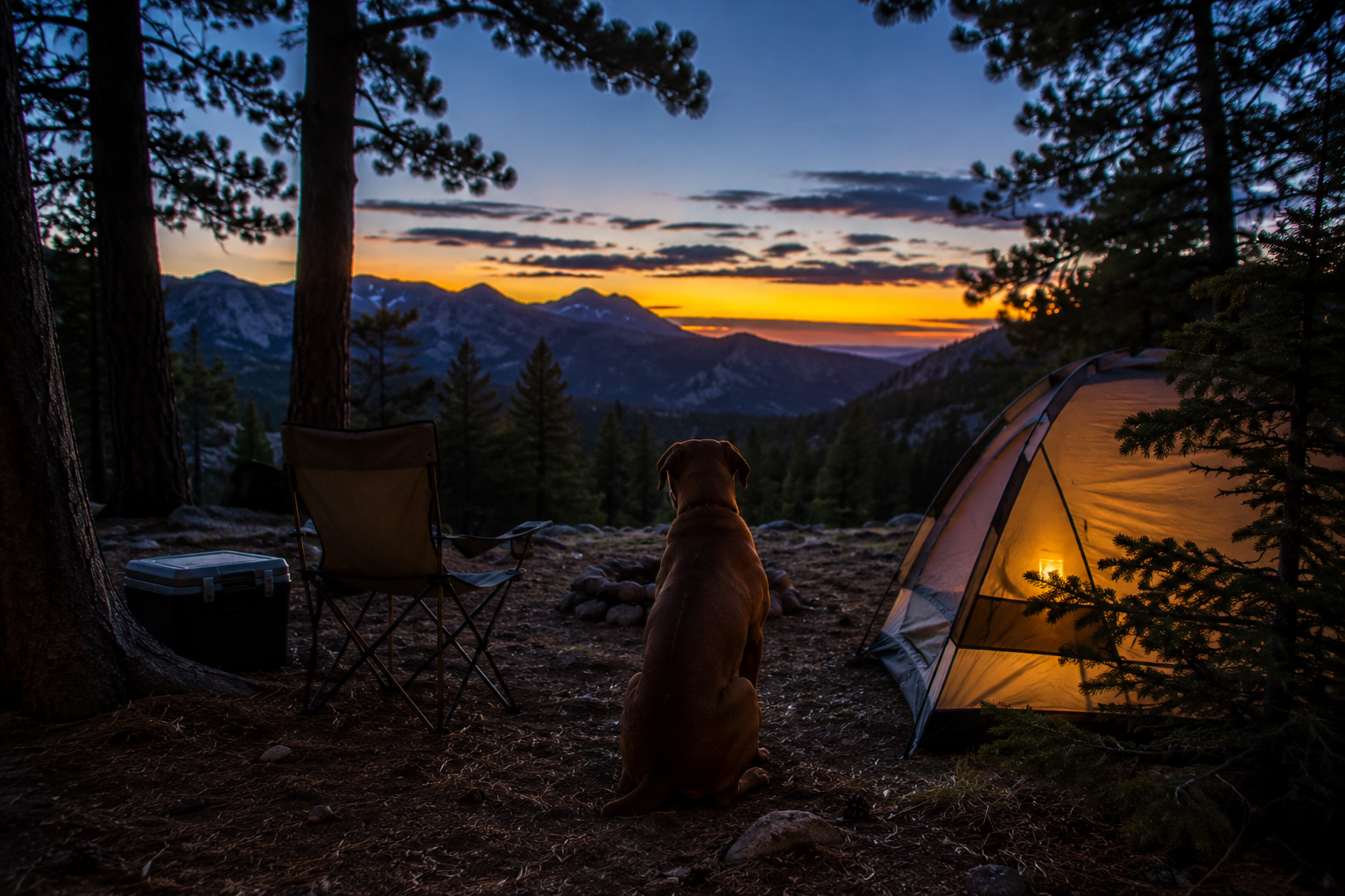 A dog sitting beside a small tent at a dispersed campsite in a Colorado pine clearing at dusk