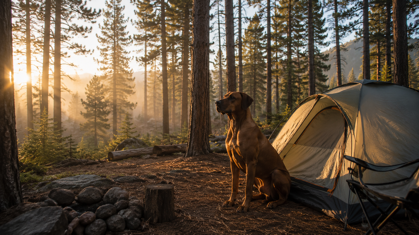 A dog sitting beside a tent at a forest campsite in early morning light in the Colorado mountains