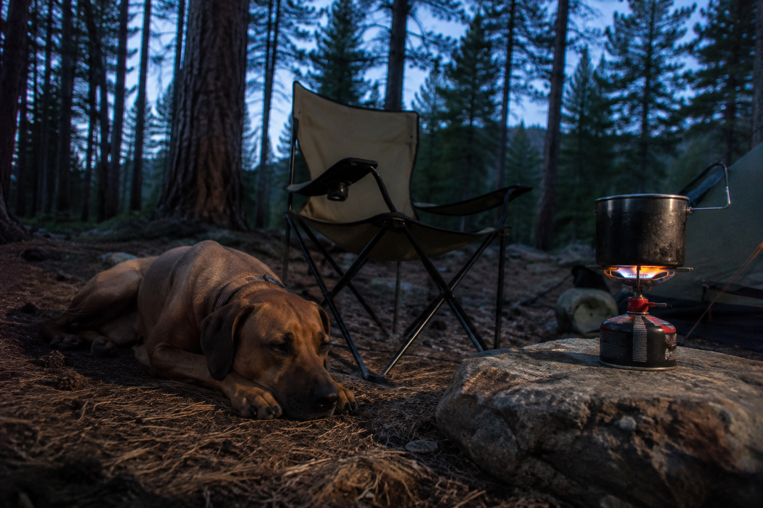 A dog lying beside a camp chair at dusk while a small gas stove burns on a rock