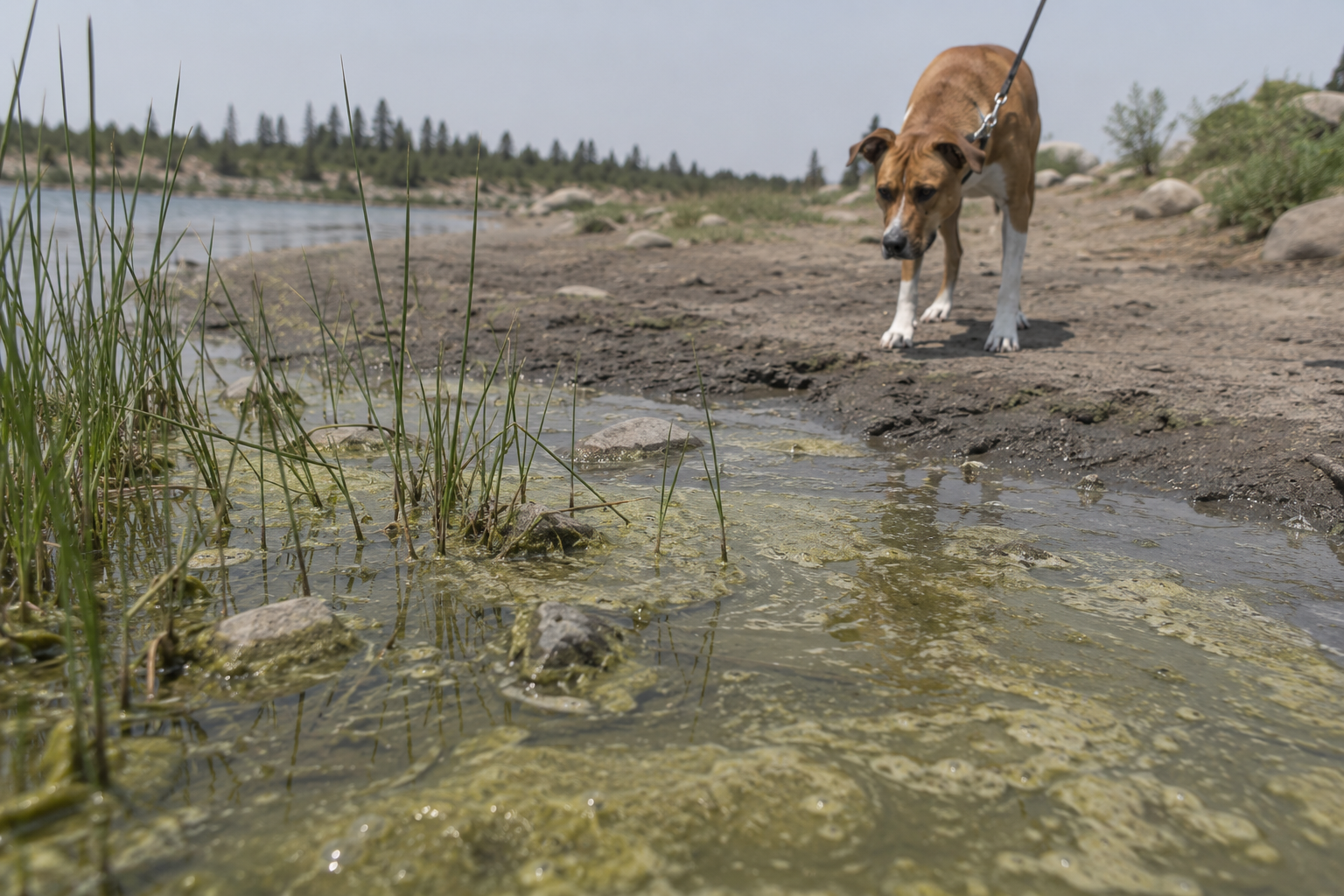 Green algae collecting in a calm Colorado lake cove while a leashed dog is held back from the water