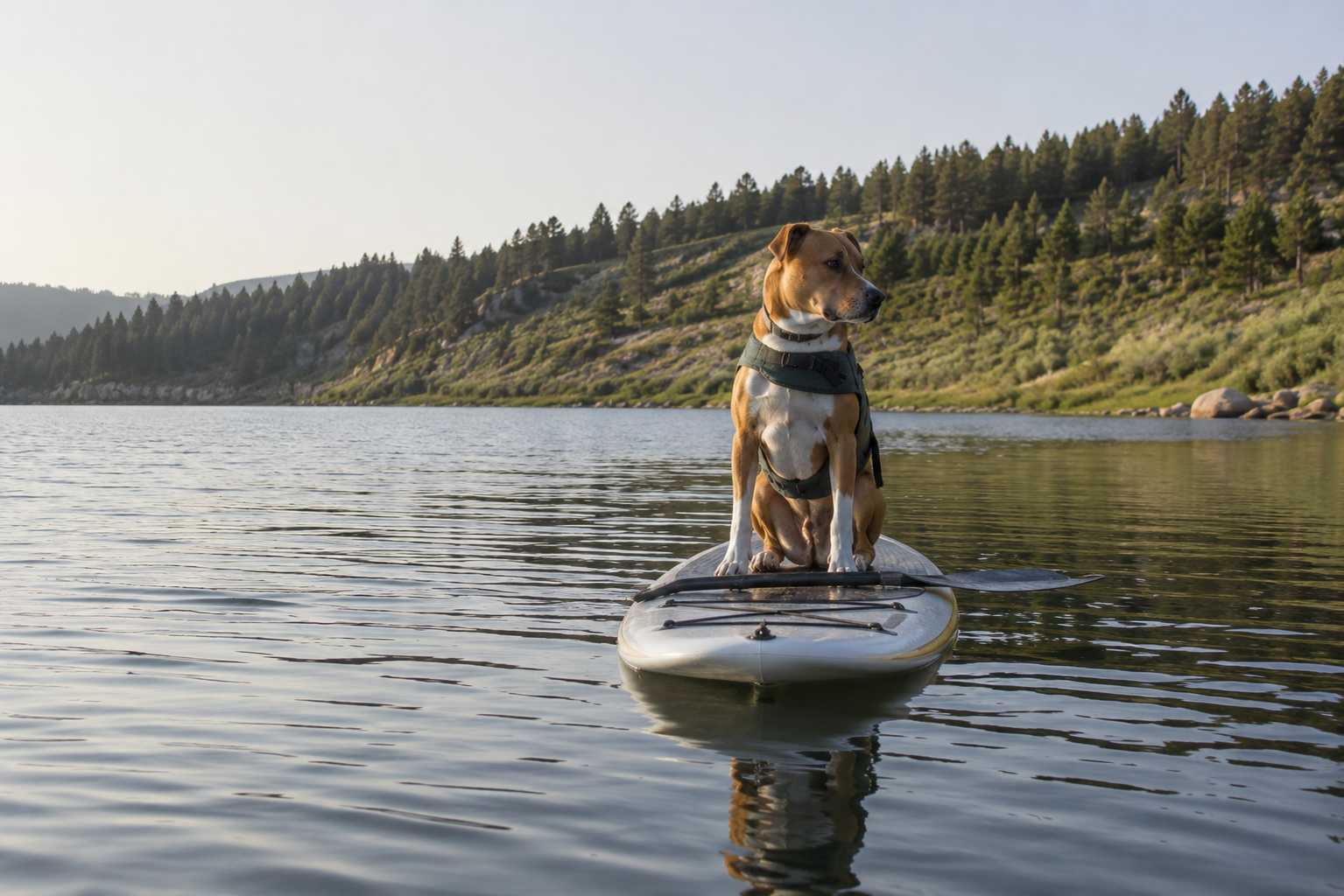 Jaxson sitting in a flotation vest on the nose of a paddleboard on a calm Colorado reservoir