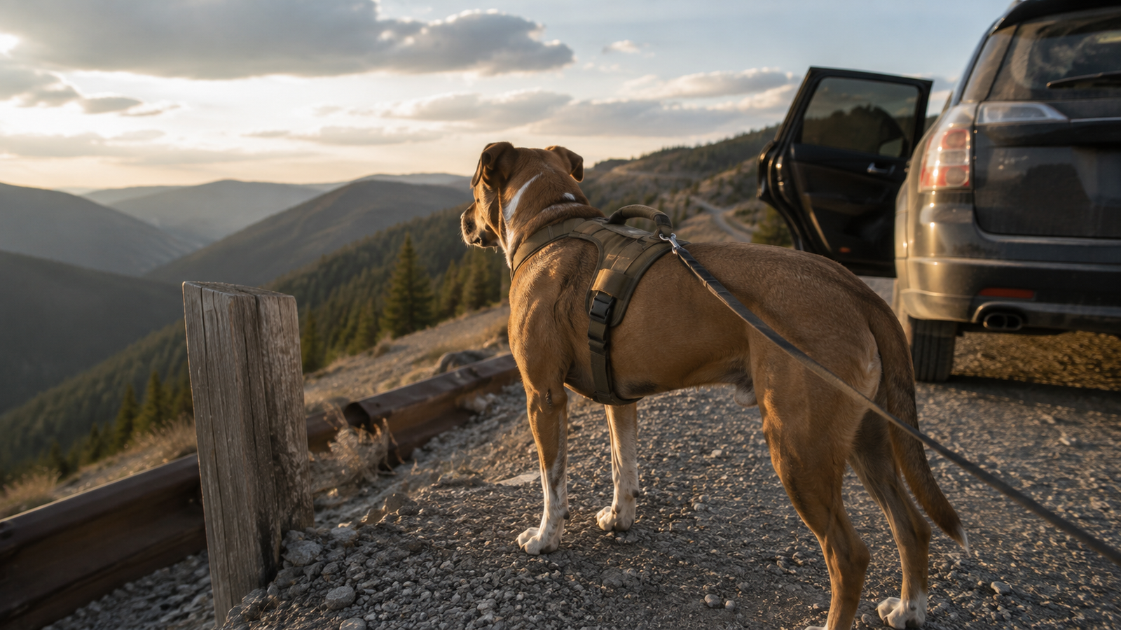 Jaxson standing at a gravel scenic pullout high on a Colorado mountain pass, looking out over layered ridgelines