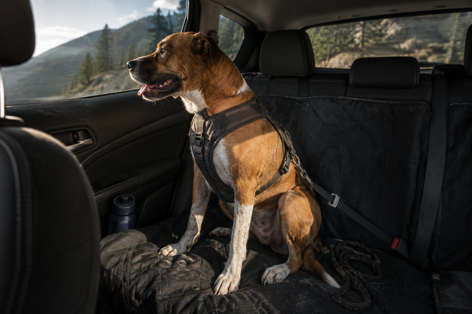 Jaxson sitting in a padded car harness tethered to the seatbelt in the back of an SUV