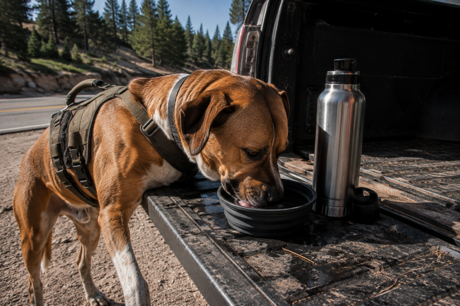 Jaxson drinking from a collapsible bowl on the tailgate of a dusty car at a roadside pullout