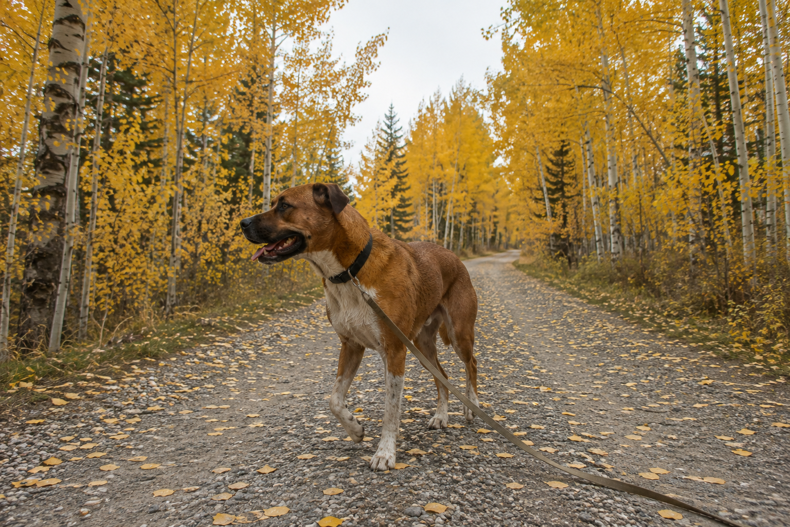 Jaxson on a long training lead at the edge of a gravel forest road lined with golden aspens