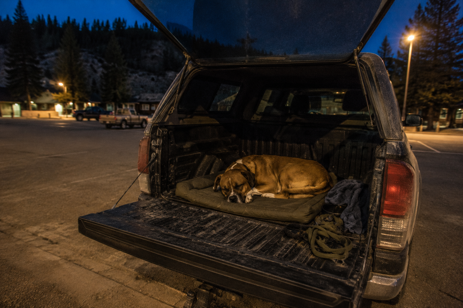 Jaxson asleep on a travel bed in the cargo area of a car at dusk in a mountain town parking lot