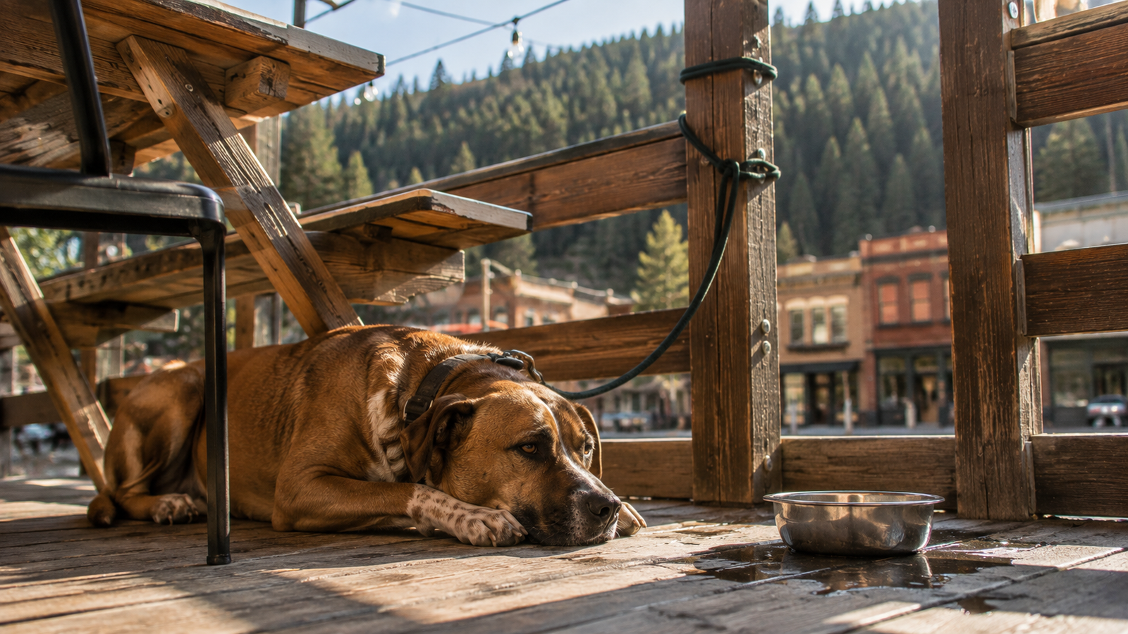 Jaxson settled under a picnic table on a mountain-town brewery patio with a water bowl beside him