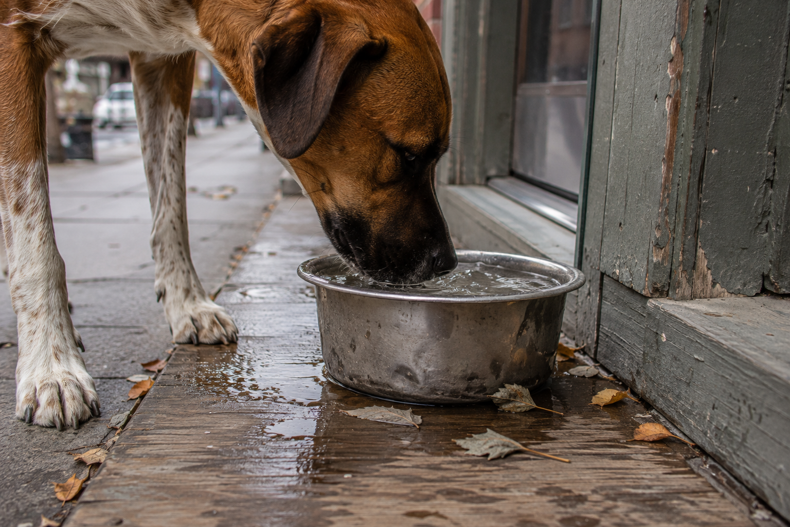 A battered communal water bowl on a wooden shop step with Jaxson drinking from it