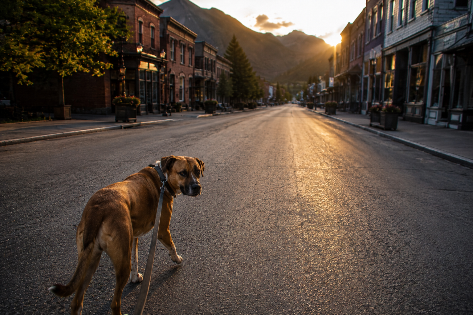 Jaxson walking on a leash down a Colorado mountain-town main street in early evening light