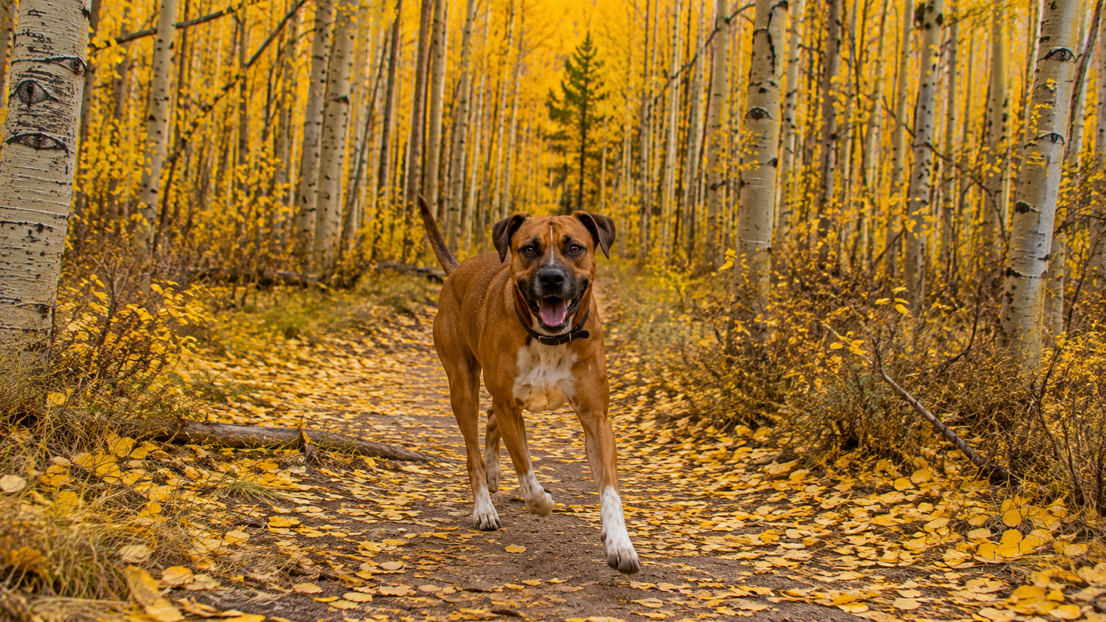 Jaxson standing on a leaf-covered trail through a dense golden aspen grove in Colorado