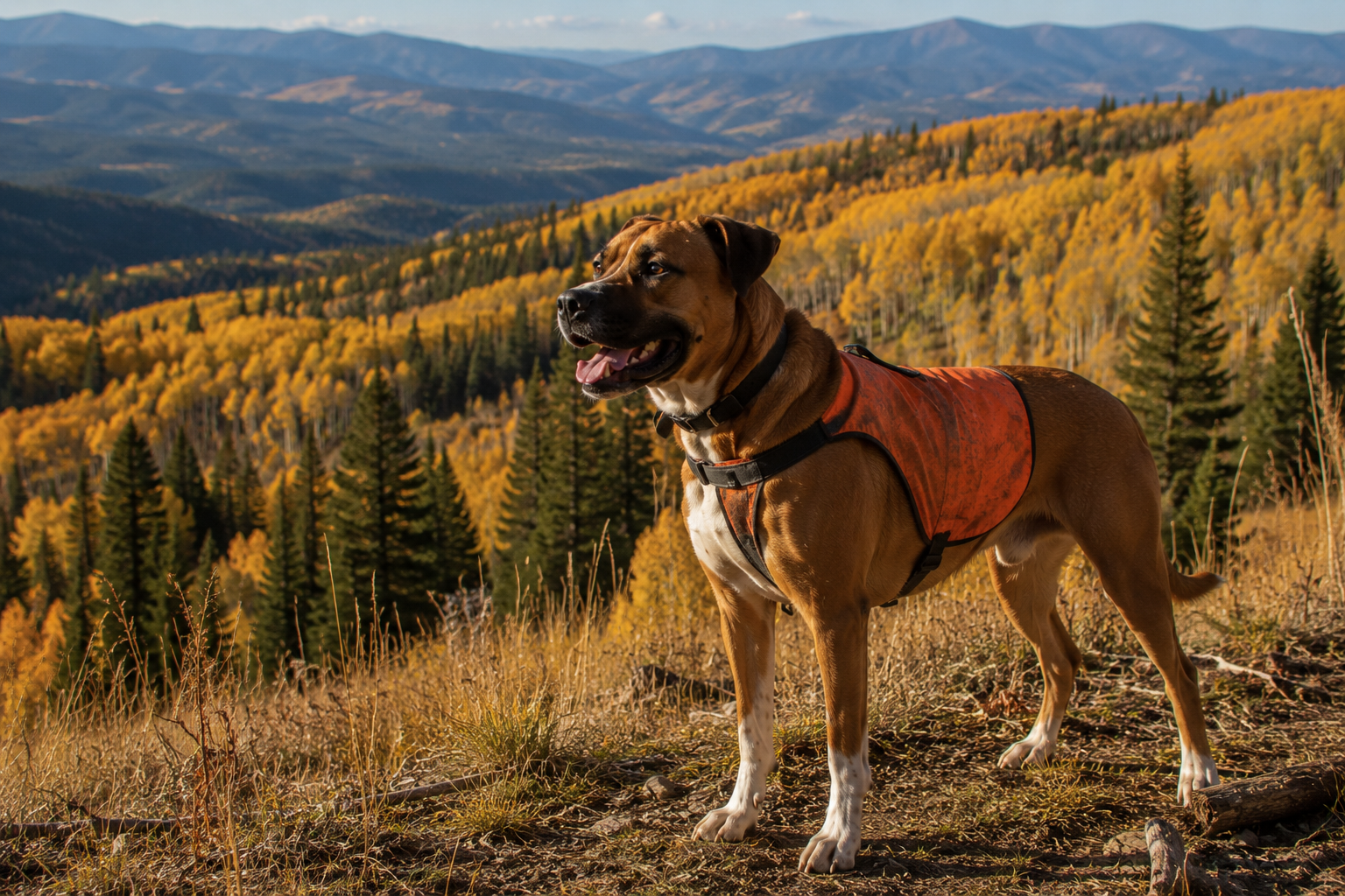 Jaxson standing on an open hillside of gold aspen and spruce wearing a faded blaze orange safety vest