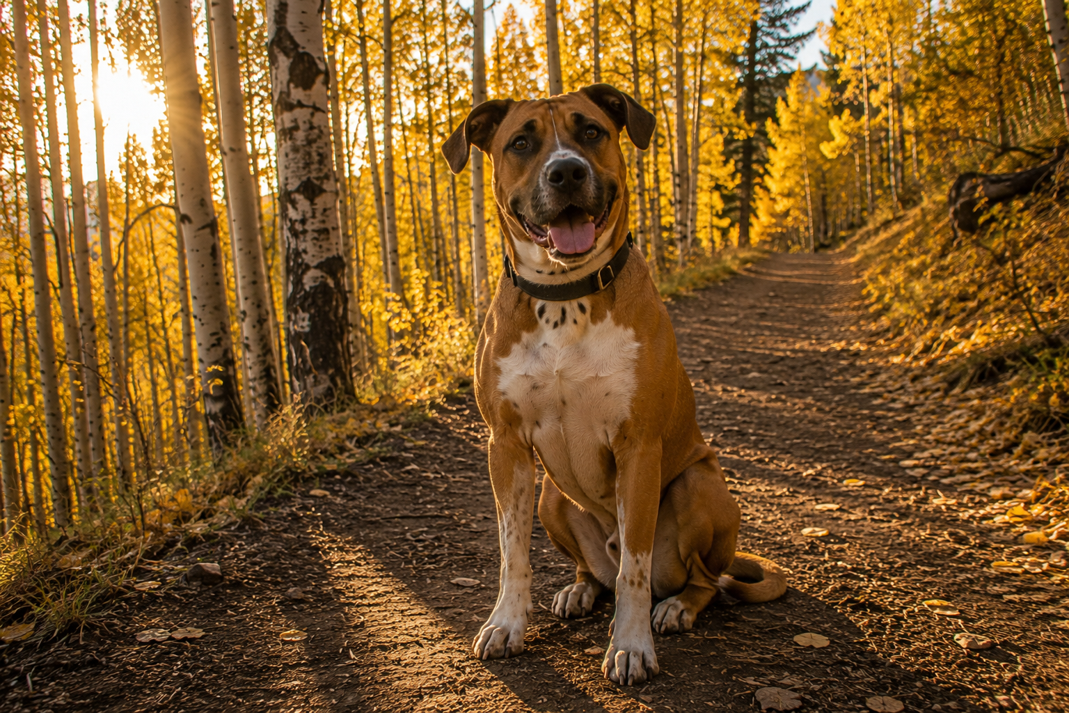 Jaxson sitting on an empty trail at the edge of a golden aspen stand in low afternoon light