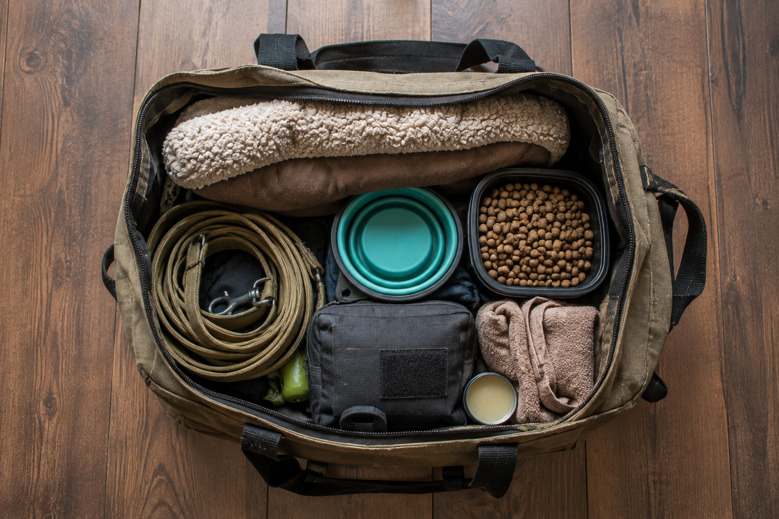 A canvas tote bag packed with dog gear: travel bed, bowl, lead, food container, towel and first aid pouch