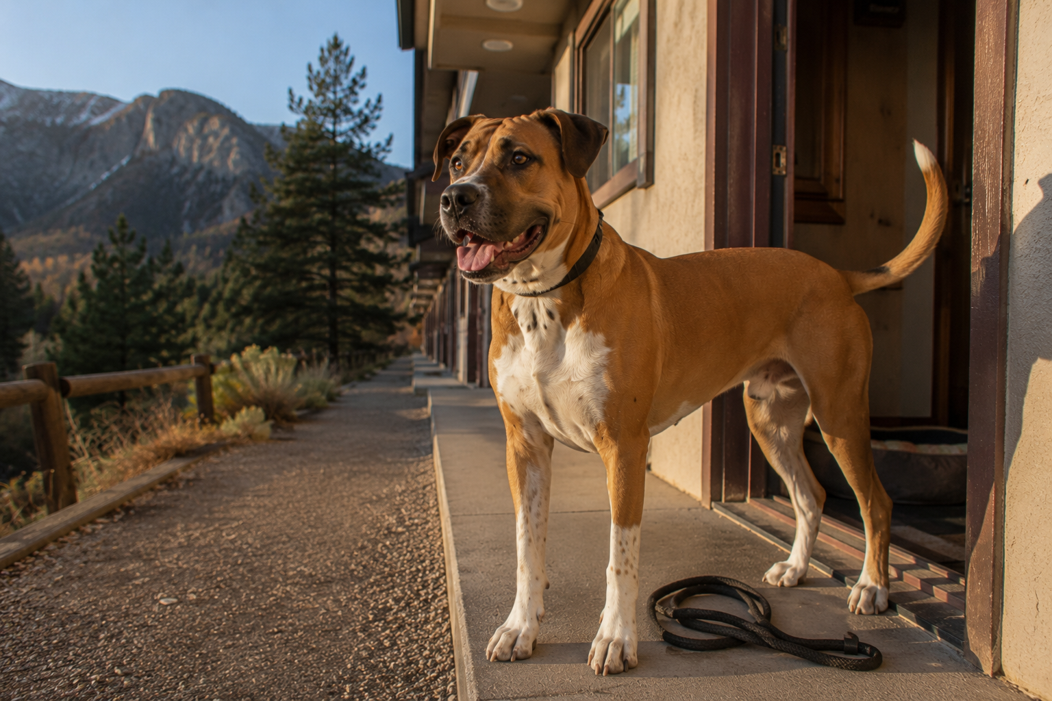Jaxson standing outside a cabin doorway in early morning light with mountains behind