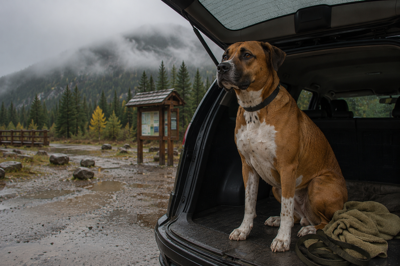 Jaxson sitting under the open hatch of a car at a rainy trailhead, watching the weather