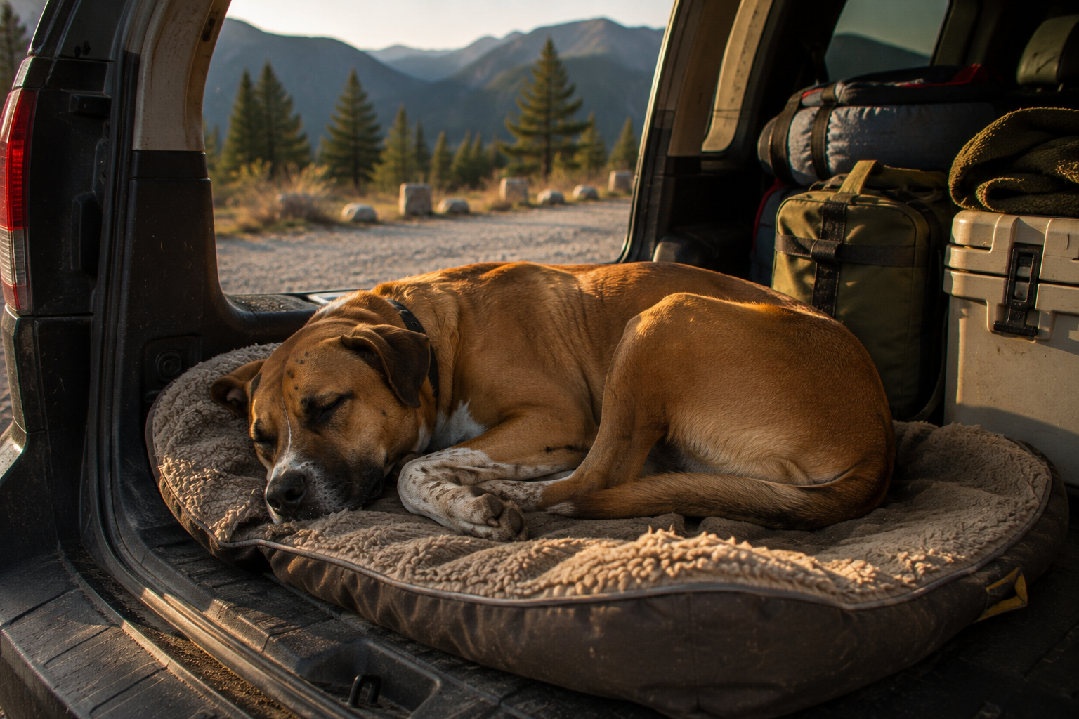 Jaxson asleep on a travel bed in the back of the car, muddy and completely spent