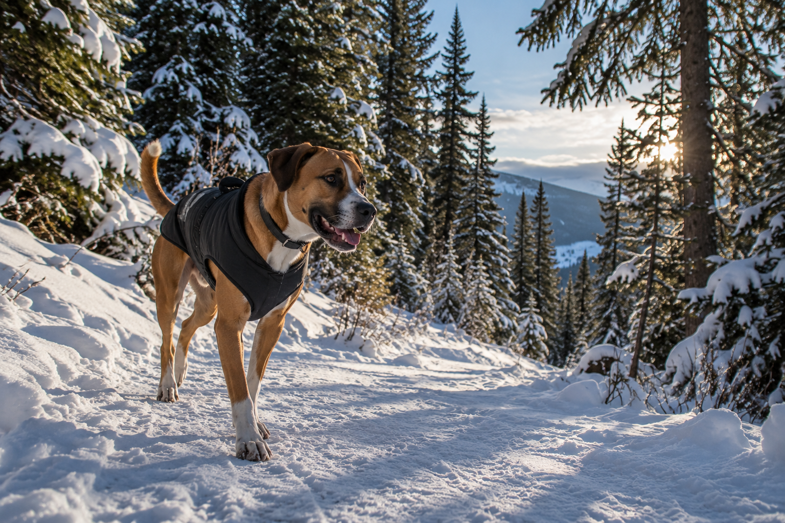 Jaxson in an insulated coat on a packed snow trail through Colorado conifers in low winter light
