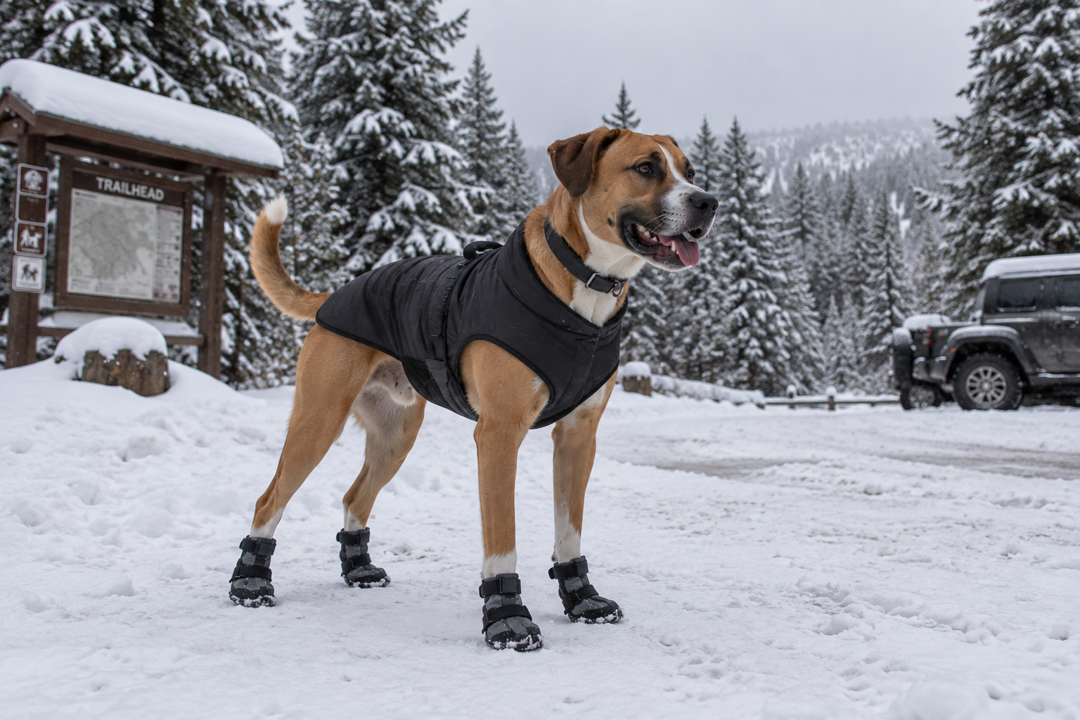 Jaxson standing in snow wearing an insulated coat and trail booties at a winter trailhead