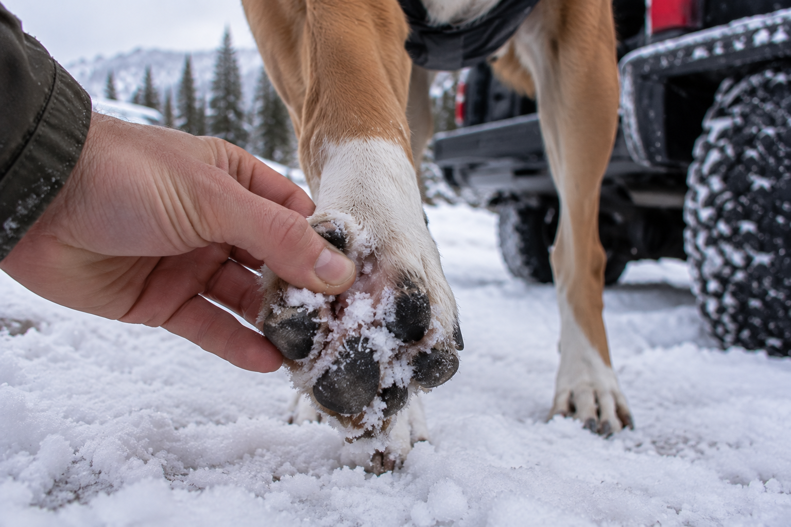Close view of a dog's paw being checked for packed snow between the toes