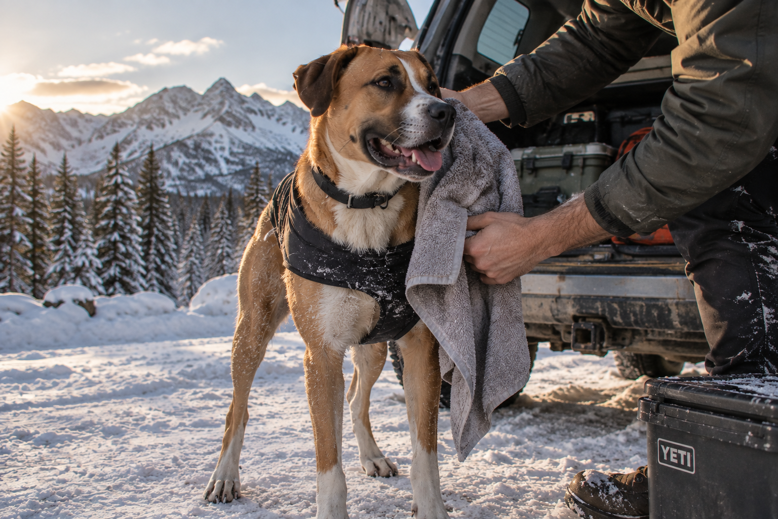 Jaxson being dried with a towel at an open tailgate at a snowy Colorado trailhead
