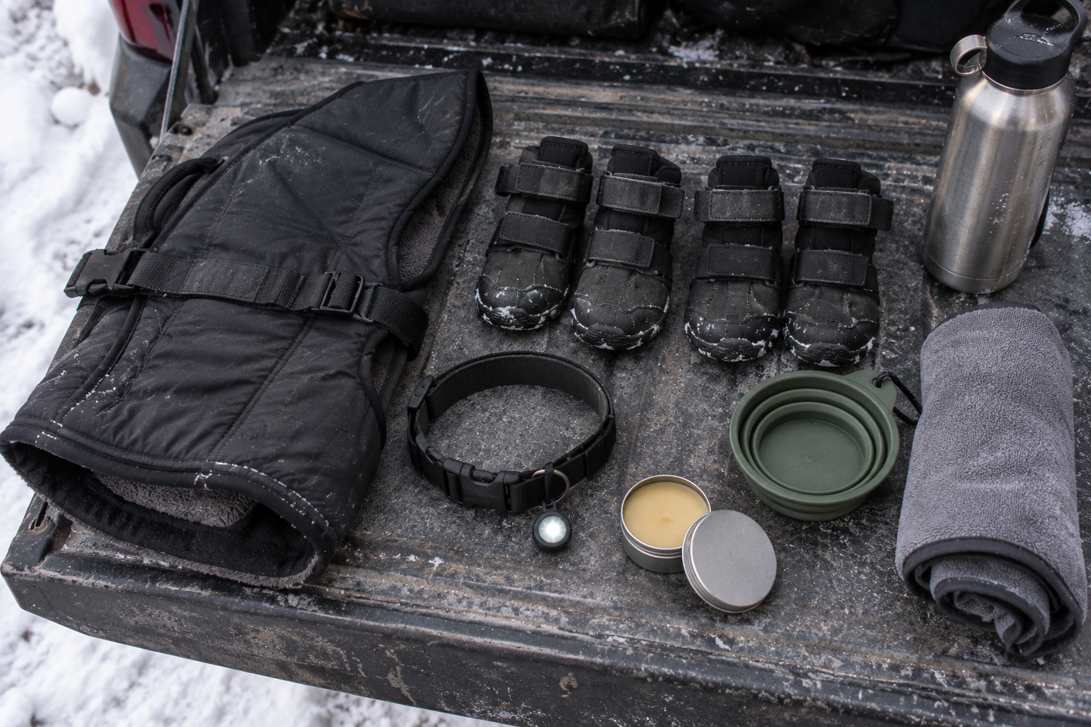 Winter dog kit laid out on a tailgate: insulated coat, booties, light-up collar, paw balm, insulated bottle, collapsible bowl and towel